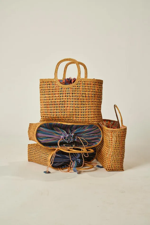Accessories Shop Natalie Martin RATTAN HAND BAG W LINING Batik Stripe Navy
