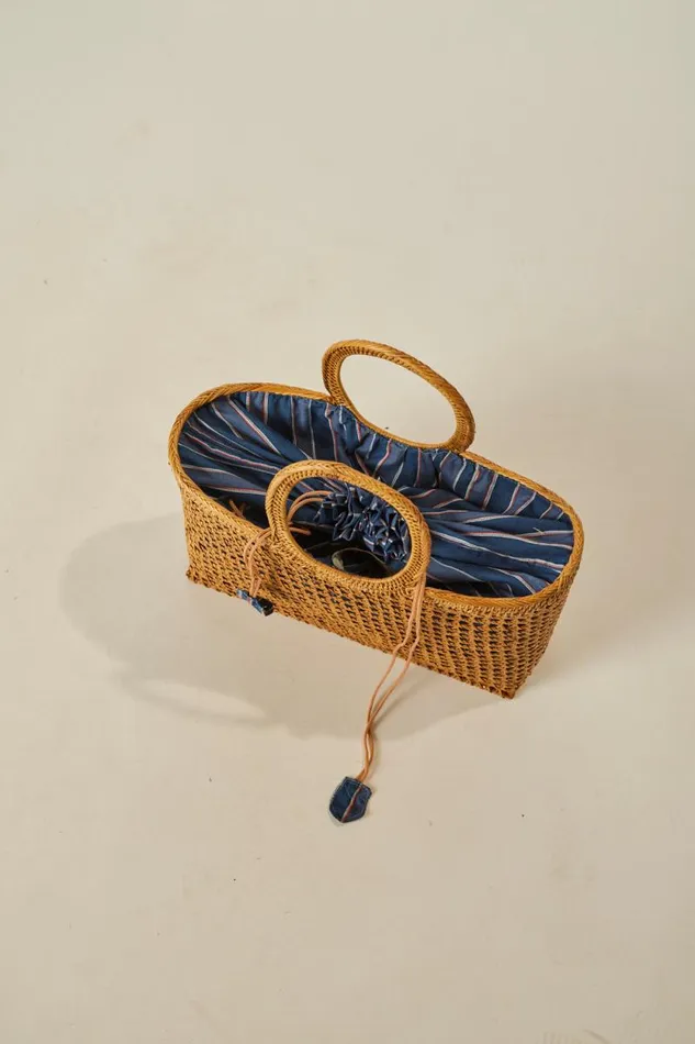 Accessories Shop Natalie Martin RATTAN HAND BAG W LINING Batik Stripe Navy