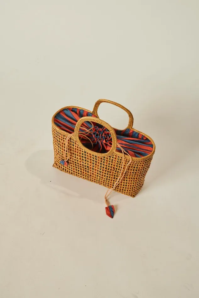 Accessories Shop Natalie Martin RATTAN HAND BAG W LINING Batik Stripe Navy