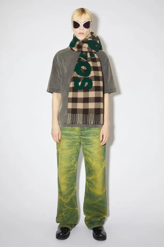Acne Studios Check Logo Scarf Browngreen Men Scarves Acne Studios Check Logo Scarf Browngreen Men Scarves