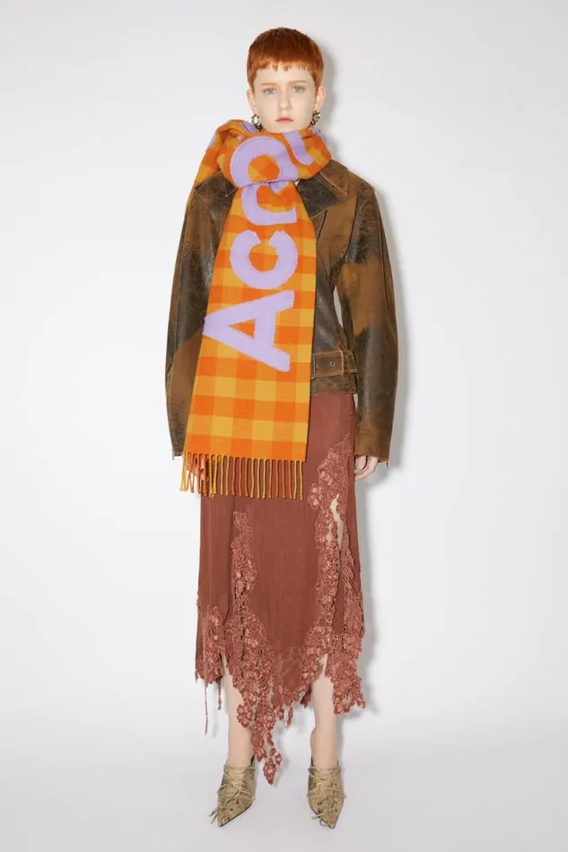Acne Studios Check Logo Scarf Orangelilac Purple Women Scarves Acne Studios Check Logo Scarf Orangelilac Purple Women Scarves