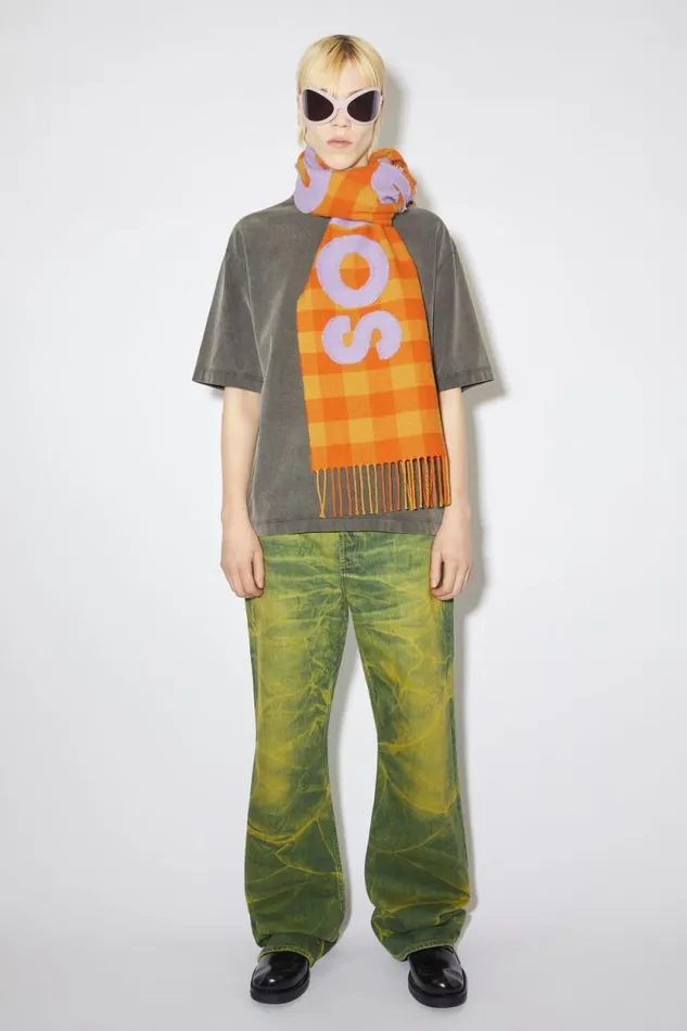 Acne Studios Check Logo Scarf Orangelilac Purple Women Scarves Acne Studios Check Logo Scarf Orangelilac Purple Women Scarves