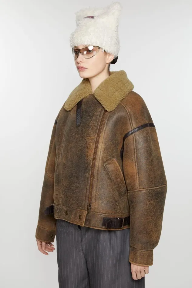 Acne Studios Leather Shearling Jacket Brown Women Outerwear