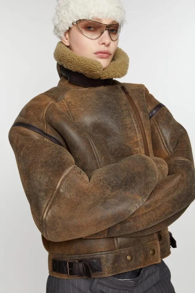 Acne Studios Leather Shearling Jacket Brown Women Outerwear