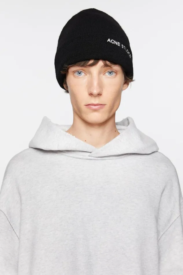 Acne Studios Logo Beanie Black Women Hats Acne Studios Logo Beanie Black Women Hats
