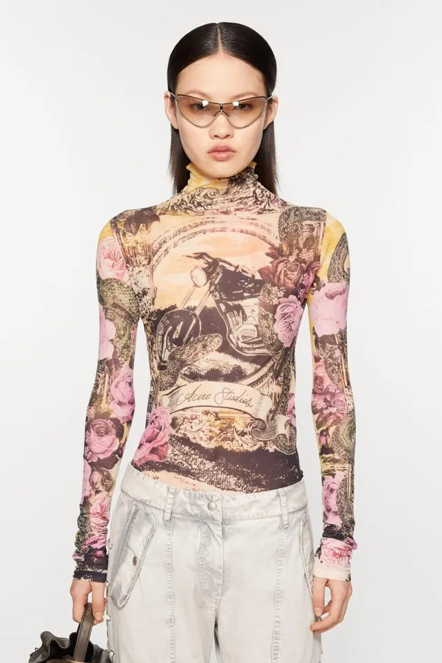 Acne Studios Printed Seamless Tshirt Pink Multicolor Women Tshirts