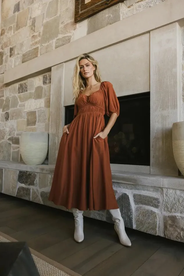 Addison Puff Sleeve Dress In Rust Rust Women Bohme Dresses