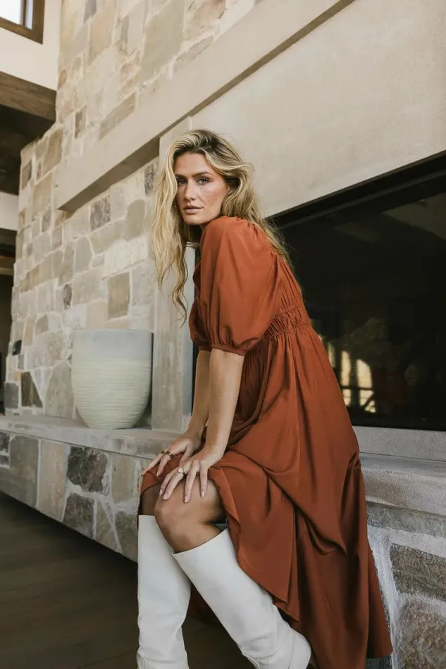 Addison Puff Sleeve Dress In Rust Rust Women Bohme Dresses