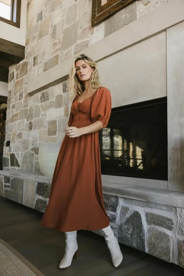 Addison Puff Sleeve Dress In Rust Rust Women Bohme Dresses