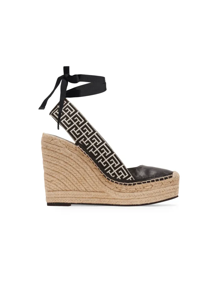 Alex Monogram Jacquard And Leather Espadrilles Black Women Balmain High Heels and Pumps