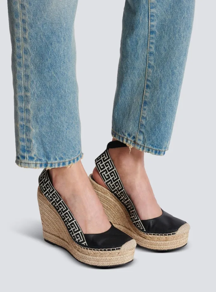 Alex Monogram Jacquard And Leather Espadrilles Black Women Balmain High Heels and Pumps