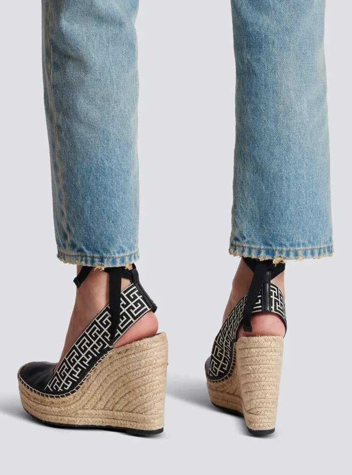 Alex Monogram Jacquard And Leather Espadrilles Black Women Balmain High Heels and Pumps