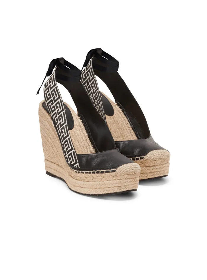Alex Monogram Jacquard And Leather Espadrilles Black Women Balmain High Heels and Pumps