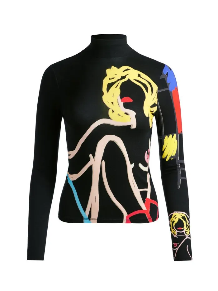 Alice Olivia AO X TOM WESSELMANN DELAINA LONG SLEEVE TURTLENECK TOP Natural Beauty Women Tops