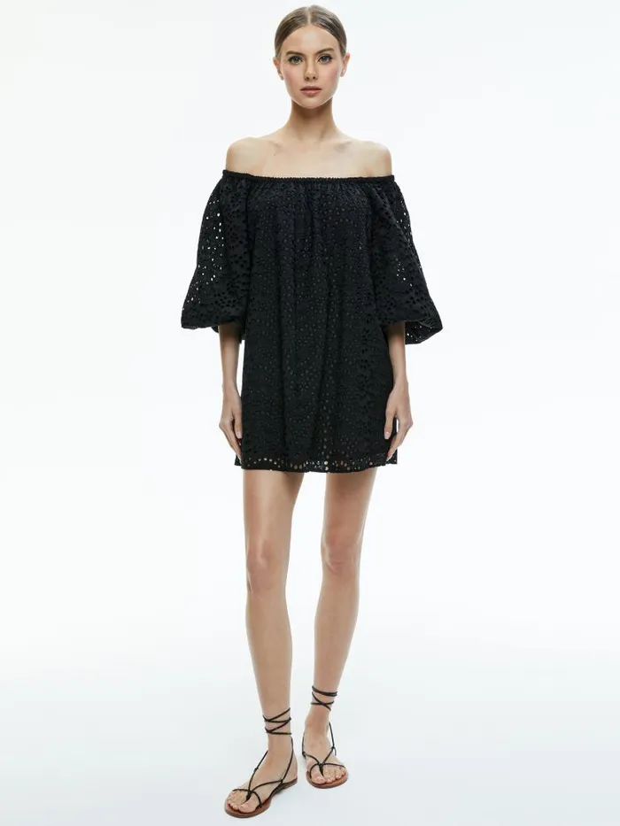 Alice Olivia ARTEMIS OFF THE SHOULDER BLOUSON SLEEVE MINI DRESS Black Women Dresses
