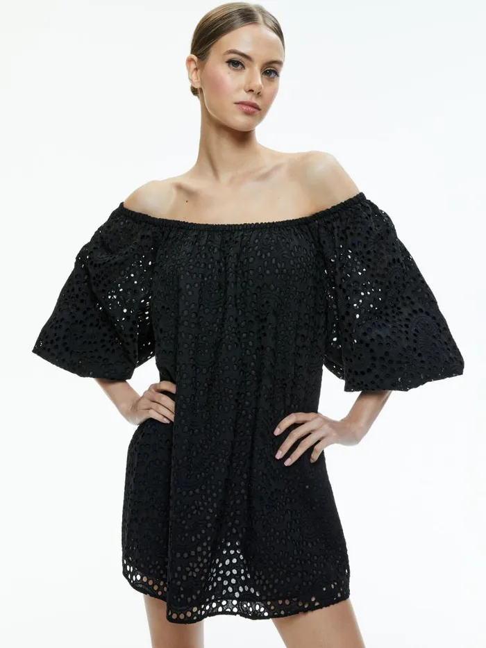 Alice Olivia ARTEMIS OFF THE SHOULDER BLOUSON SLEEVE MINI DRESS Black Women Dresses