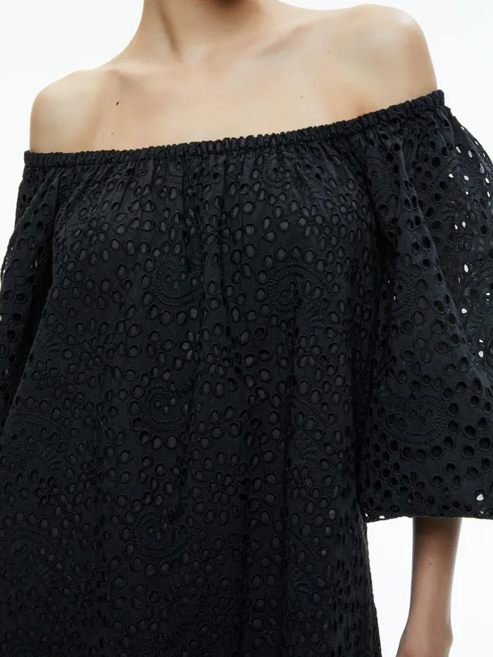 Alice Olivia ARTEMIS OFF THE SHOULDER BLOUSON SLEEVE MINI DRESS Black Women Dresses