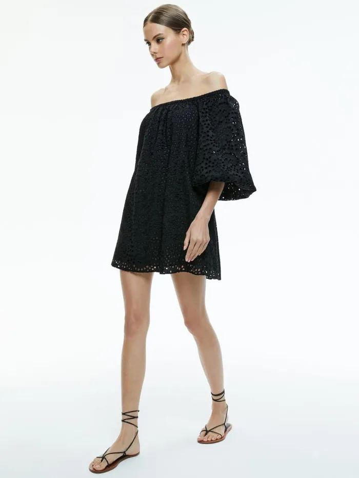 Alice Olivia ARTEMIS OFF THE SHOULDER BLOUSON SLEEVE MINI DRESS Black Women Dresses