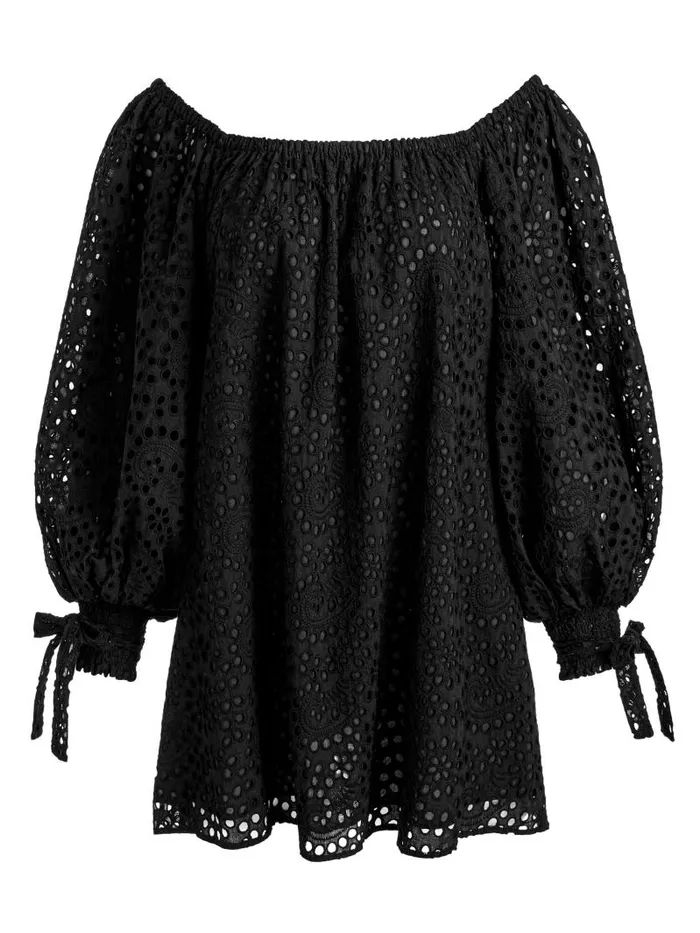 Alice Olivia ARTEMIS OFF THE SHOULDER BLOUSON SLEEVE MINI DRESS Black Women Dresses