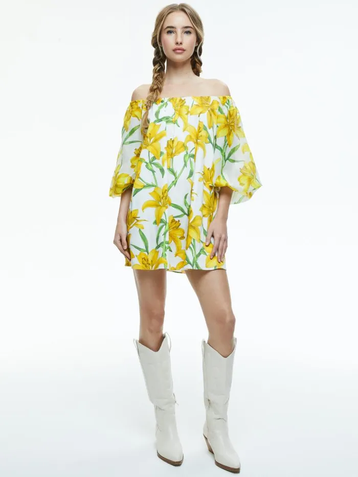 Alice Olivia ARTEMIS OFF THE SHOULDER BLOUSON TIE SLEEVE MINI DRESS Stargazer Multi Lg Women Dresses