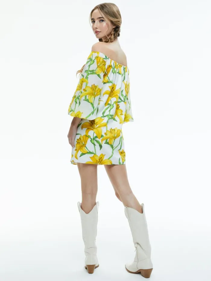 Alice Olivia ARTEMIS OFF THE SHOULDER BLOUSON TIE SLEEVE MINI DRESS Stargazer Multi Lg Women Dresses
