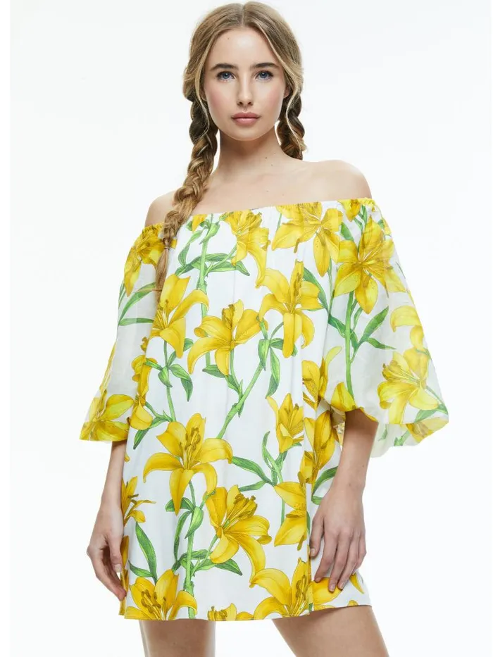 Alice Olivia ARTEMIS OFF THE SHOULDER BLOUSON TIE SLEEVE MINI DRESS Stargazer Multi Lg Women Dresses