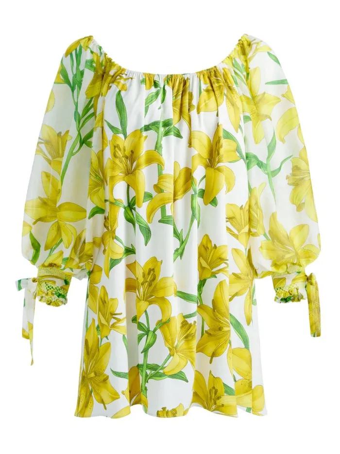 Alice Olivia ARTEMIS OFF THE SHOULDER BLOUSON TIE SLEEVE MINI DRESS Stargazer Multi Lg Women Dresses