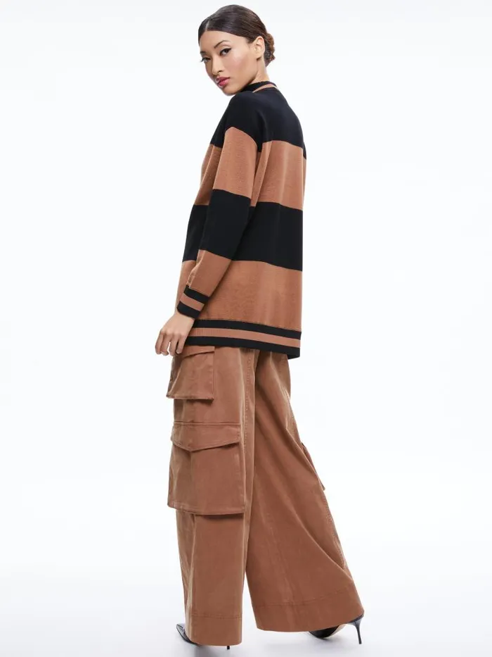 Alice Olivia BARRY OVERSIZED VNECK CARDIGAN Camelblack Stripe Women Sweaters