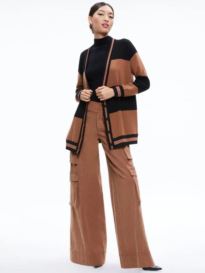 Alice Olivia BARRY OVERSIZED VNECK CARDIGAN Camelblack Stripe Women Sweaters