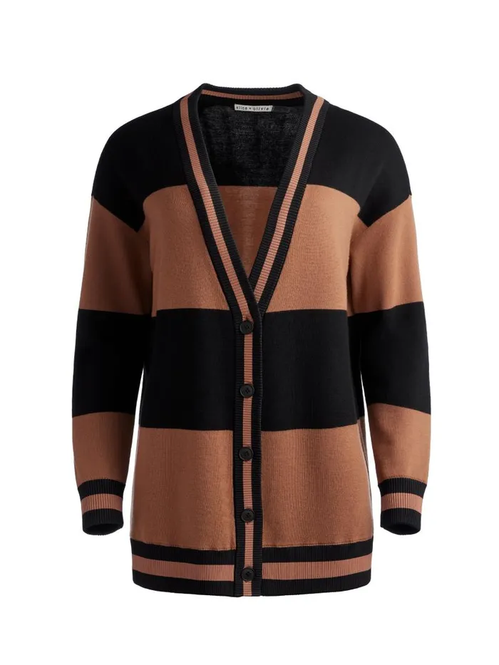 Alice Olivia BARRY OVERSIZED VNECK CARDIGAN Camelblack Stripe Women Sweaters