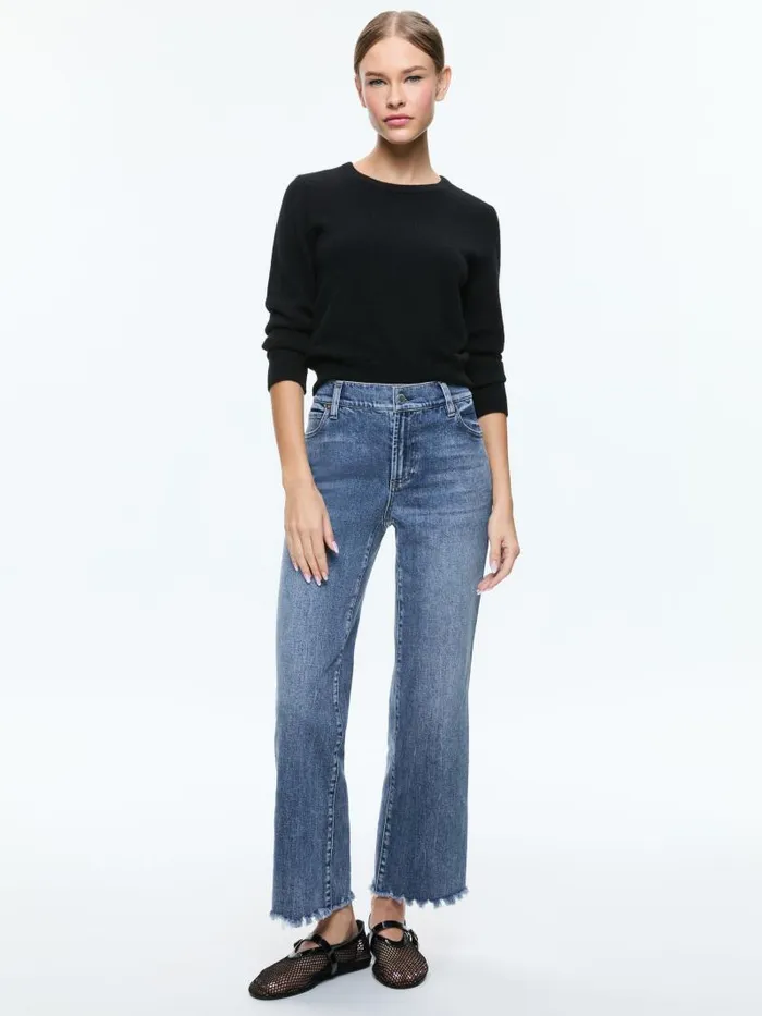 Alice Olivia CAROLANN SHRUNKEN CREW NECK PULLOVER Black Women Sweaters