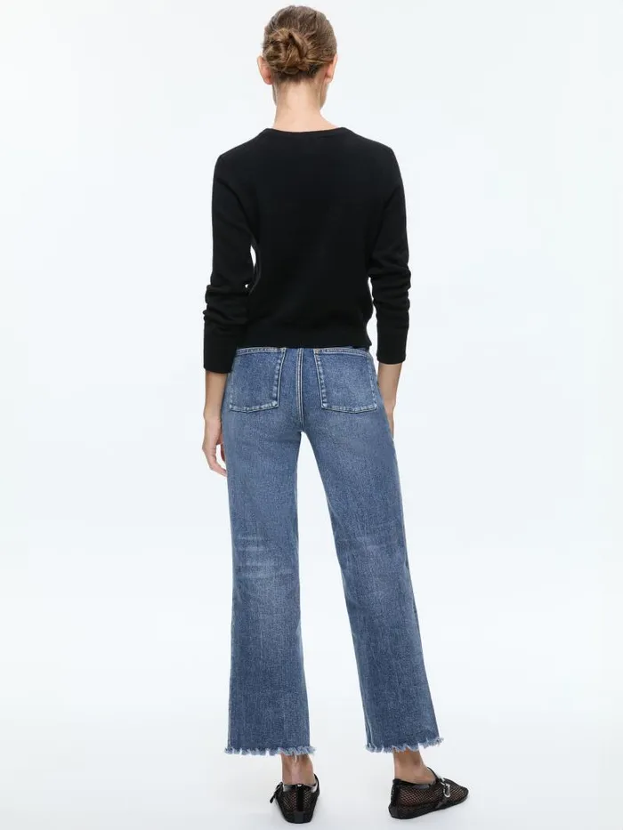 Alice Olivia CAROLANN SHRUNKEN CREW NECK PULLOVER Black Women Sweaters