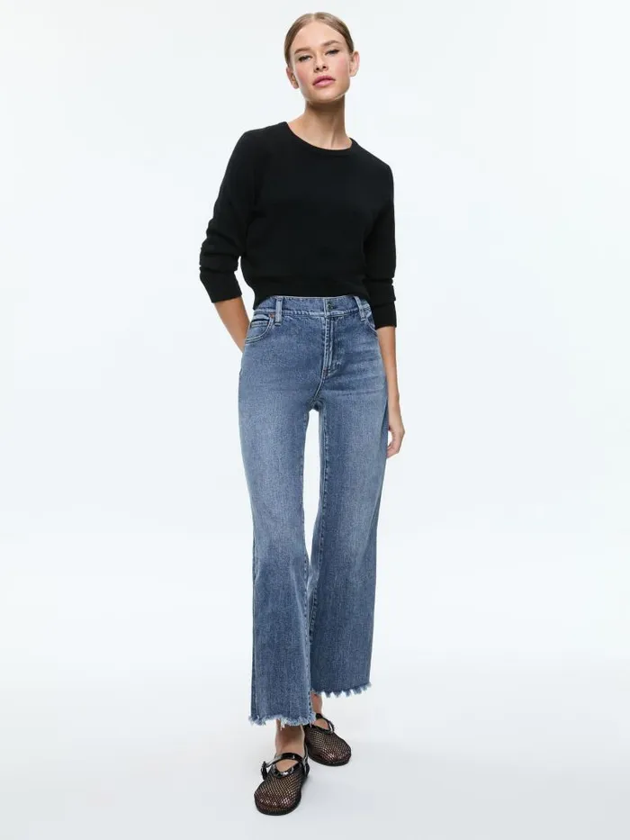 Alice Olivia CAROLANN SHRUNKEN CREW NECK PULLOVER Black Women Sweaters