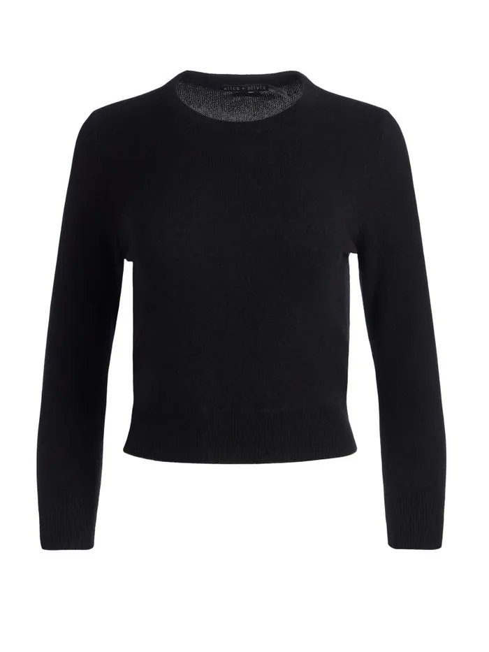 Alice Olivia CAROLANN SHRUNKEN CREW NECK PULLOVER Black Women Sweaters