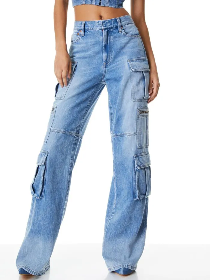 Alice Olivia CAY BAGGY CARGO JEANS Brea Blue Women Jeans