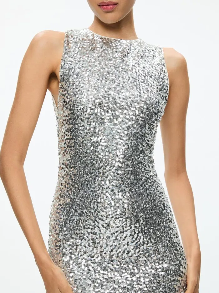 Alice Olivia CELIA SEQUIN COWL TIE BACK MINI DRESS Champagnepale Silver Women Dresses