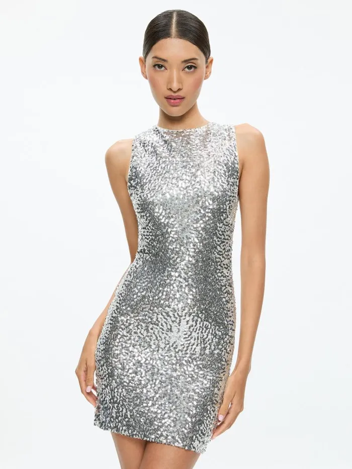 Alice Olivia CELIA SEQUIN COWL TIE BACK MINI DRESS Champagnepale Silver Women Dresses