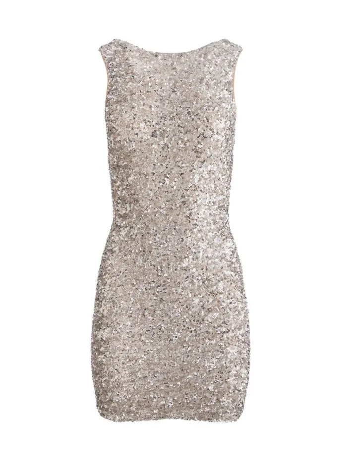 Alice Olivia CELIA SEQUIN COWL TIE BACK MINI DRESS Champagnepale Silver Women Dresses