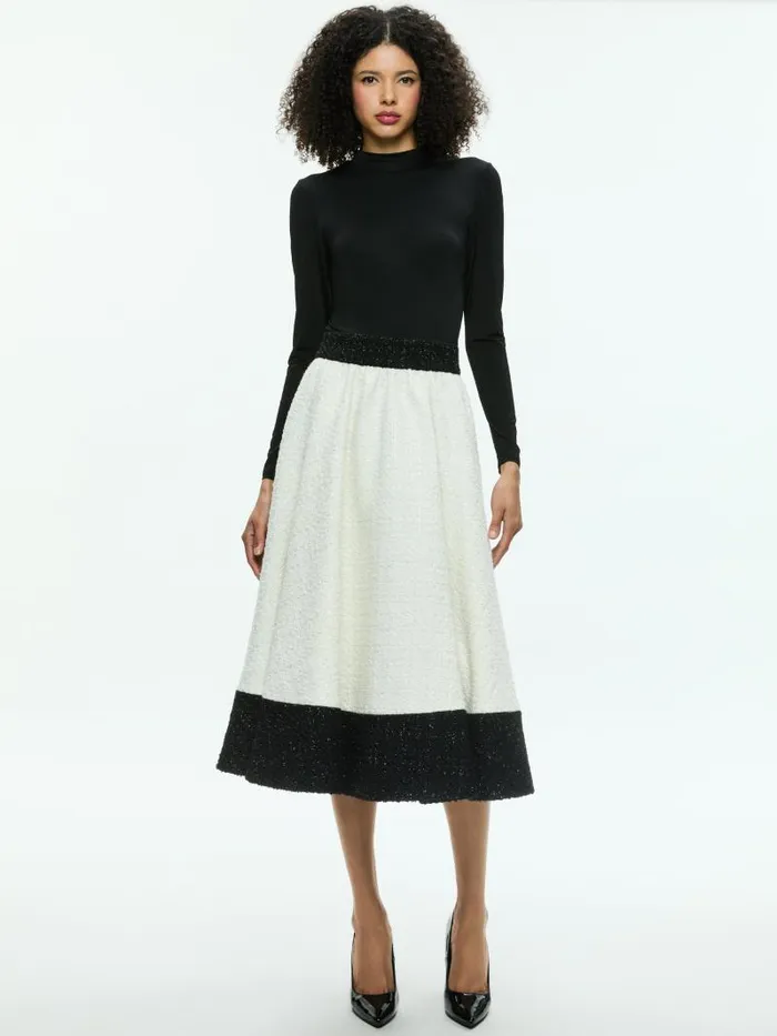 Alice Olivia CHARA TURTLENECK LONG SLEEVE FULL FLARE MIDI DRESS Off Whiteblack Women Dresses