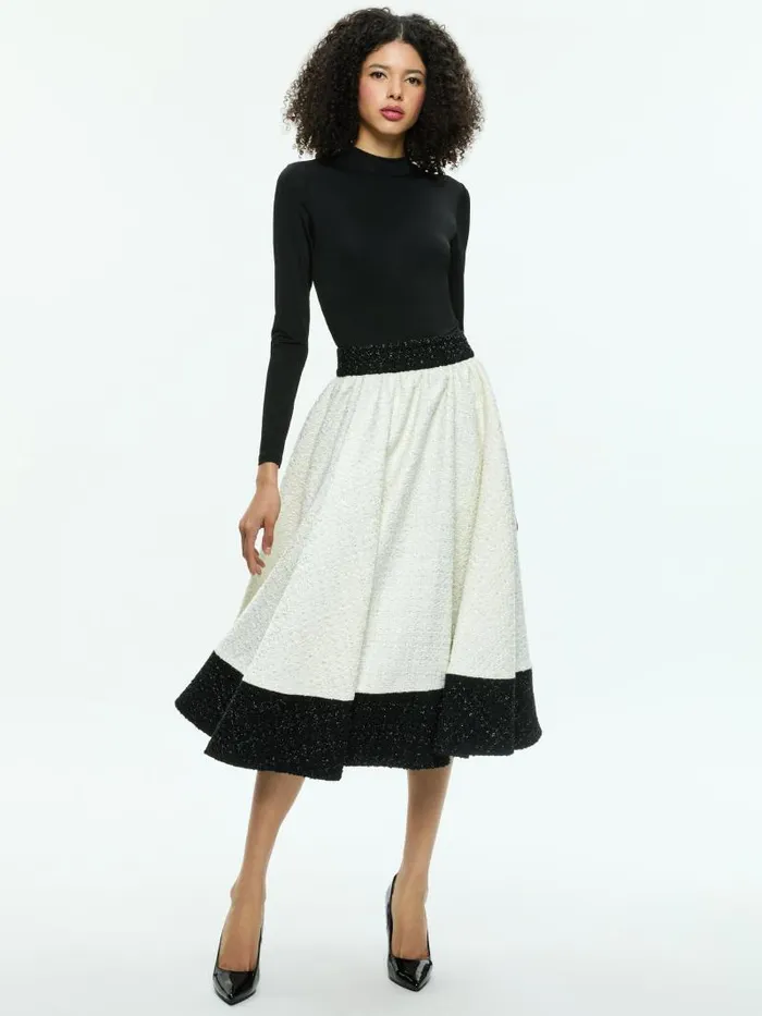 Alice Olivia CHARA TURTLENECK LONG SLEEVE FULL FLARE MIDI DRESS Off Whiteblack Women Dresses