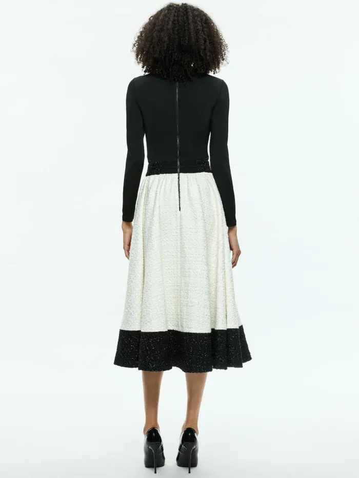 Alice Olivia CHARA TURTLENECK LONG SLEEVE FULL FLARE MIDI DRESS Off Whiteblack Women Dresses