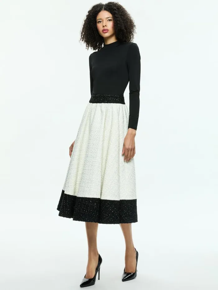 Alice Olivia CHARA TURTLENECK LONG SLEEVE FULL FLARE MIDI DRESS Off Whiteblack Women Dresses