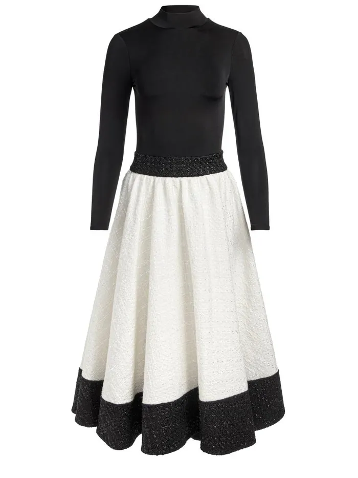 Alice Olivia CHARA TURTLENECK LONG SLEEVE FULL FLARE MIDI DRESS Off Whiteblack Women Dresses