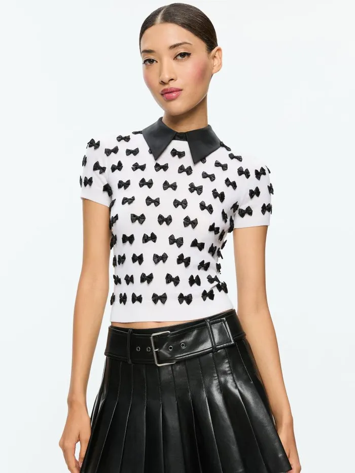 Alice Olivia CIARA SHORT SLEEVE PULLOVER Soft Whiteblack Women Tops