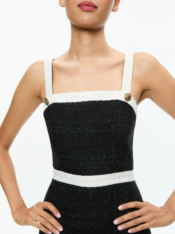 Alice Olivia CLARINE SQUARE NECK PLEATED MINI DRESS Blackoff White Women Dresses