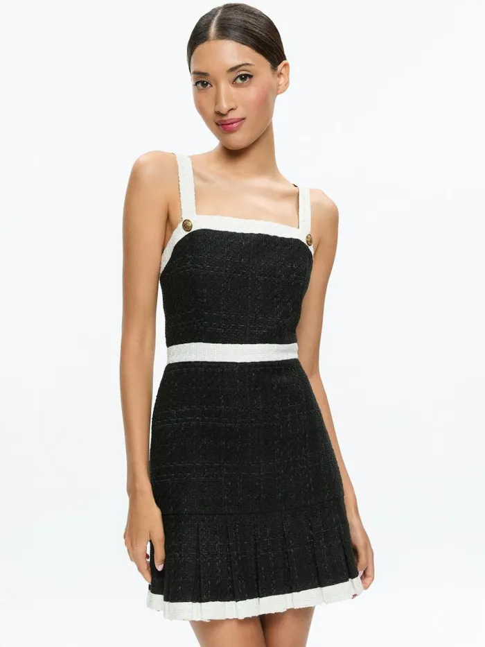 Alice Olivia CLARINE SQUARE NECK PLEATED MINI DRESS Blackoff White Women Dresses