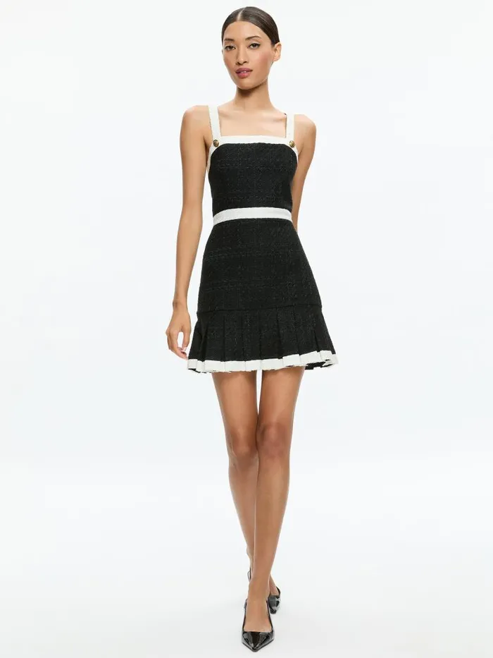 Alice Olivia CLARINE SQUARE NECK PLEATED MINI DRESS Blackoff White Women Dresses