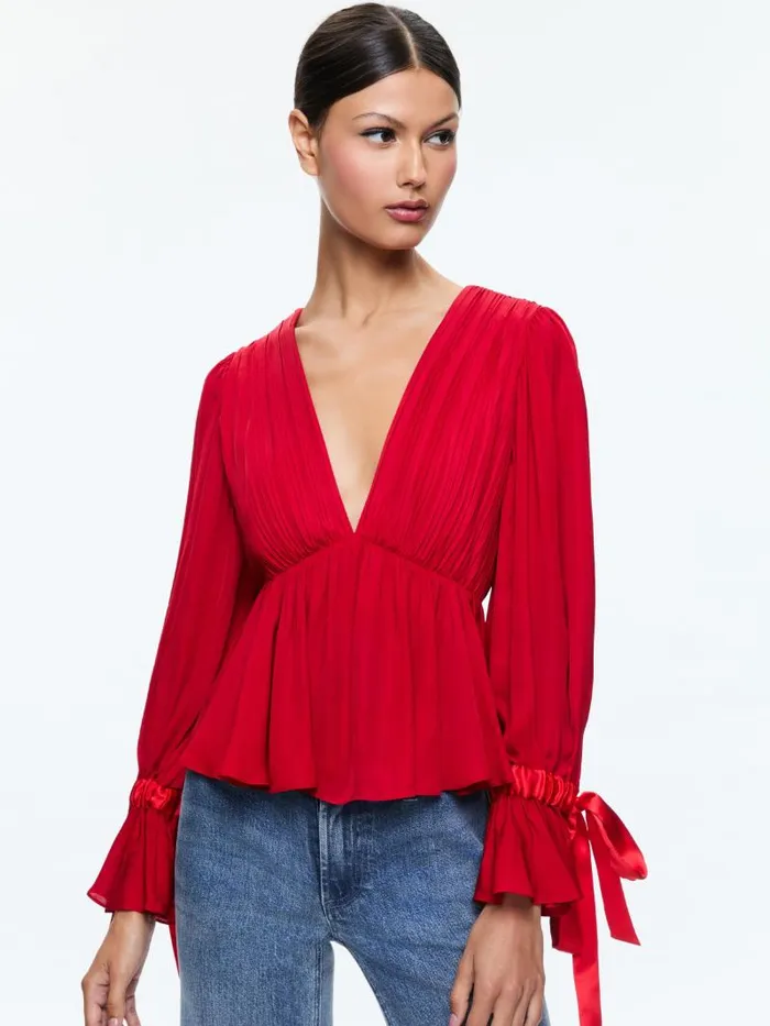 Alice Olivia CLARISSA DEEP V BLOUSE Bright Ruby Women Tops