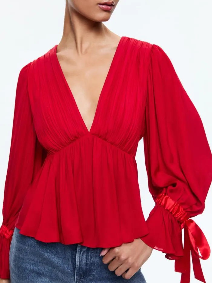 Alice Olivia CLARISSA DEEP V BLOUSE Bright Ruby Women Tops