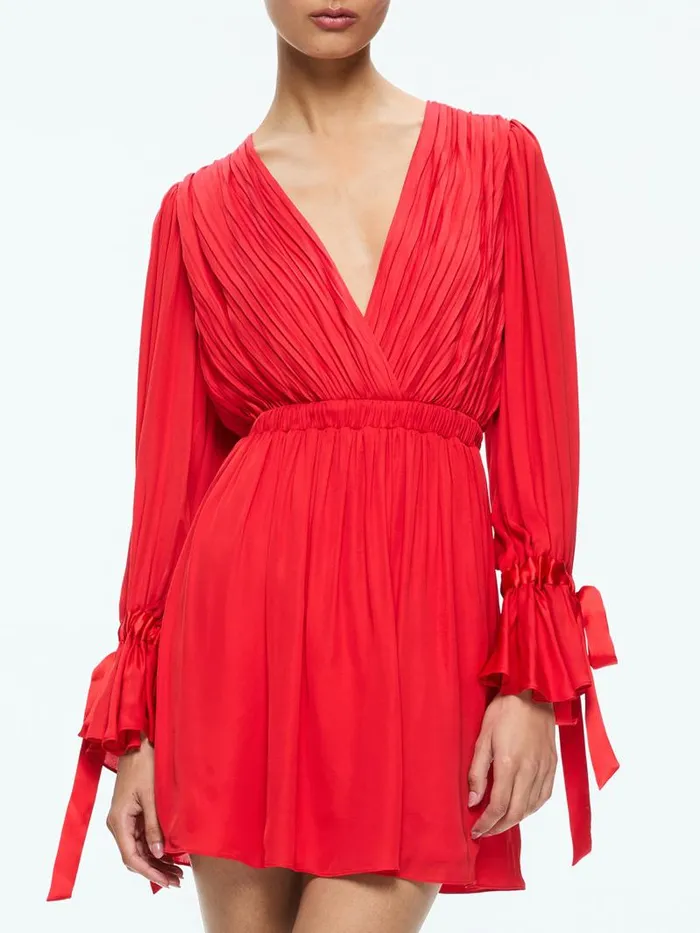 Alice Olivia CLARISSA DEEP V TIE SLEEVE MINI DRESS Bright Ruby Women Dresses
